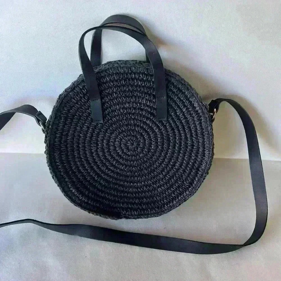 Round Paper Straw Handbag H&M Crossbody basket Boho weaved beachy summer - Picture 5 of 8